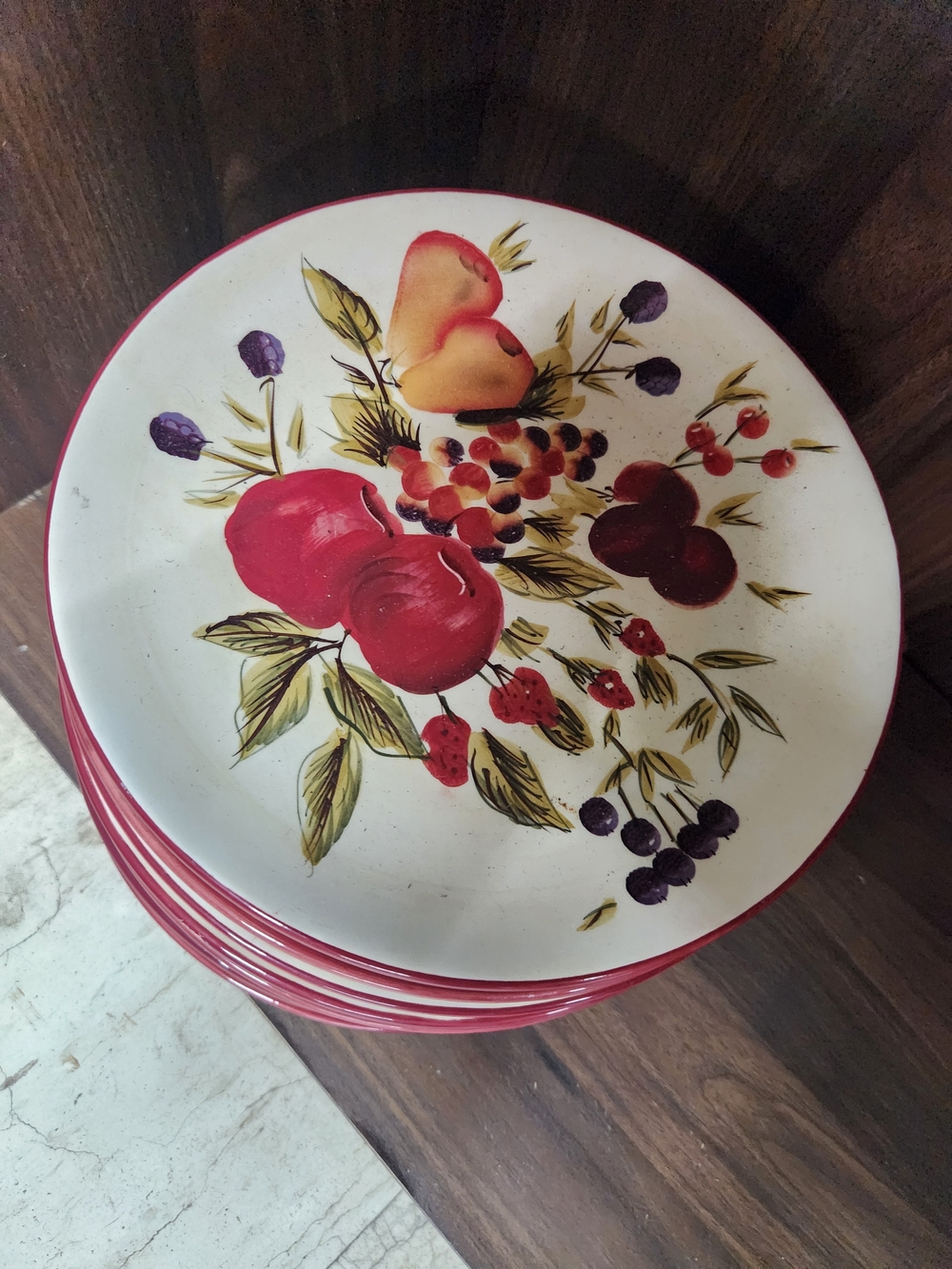 Vintage Fruit Motif Ceramic Dinner Plate - Red Trim